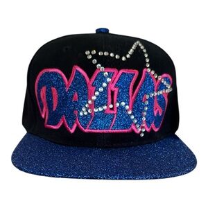 Dallas Rhinestone Glitter Snapback Hat Blue Pink Western Texas Cap